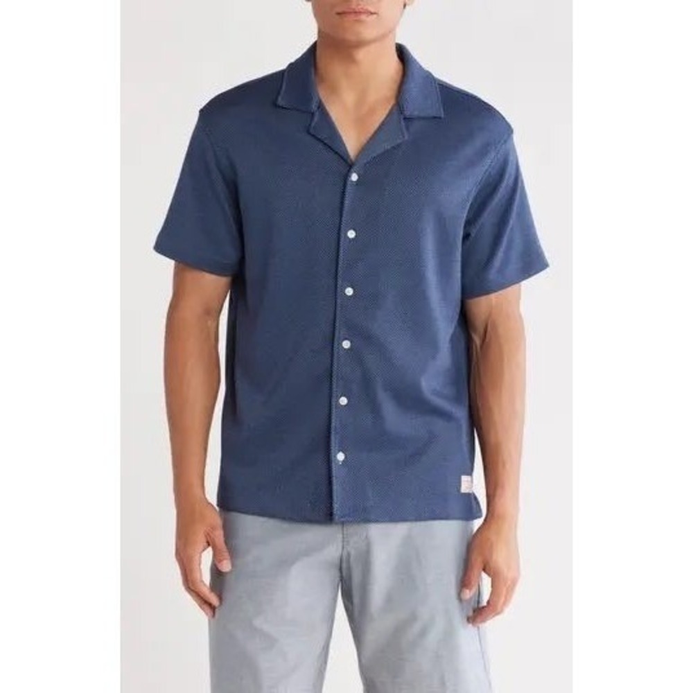 NWT! Scotch & Soda Mens Blue Knit Camp Collar Short Sleeve Button Up Shirt Small